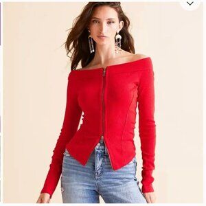 Free People Eye Candy Long Sleeve Tee Rustic Red XS Off Shoulder Zip Up Front